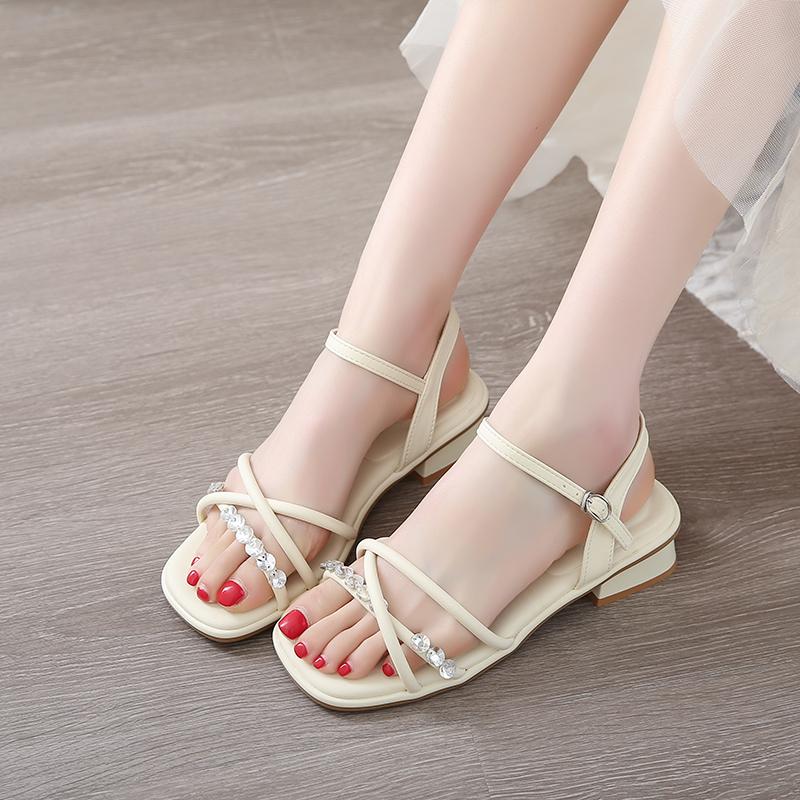 Fashion CRLAYDK Fashion Women's Low Square Open Toe Heeled Sandals Strappy Dressy Ankle Strap Summer Casual Party Rhinestone Shoes
