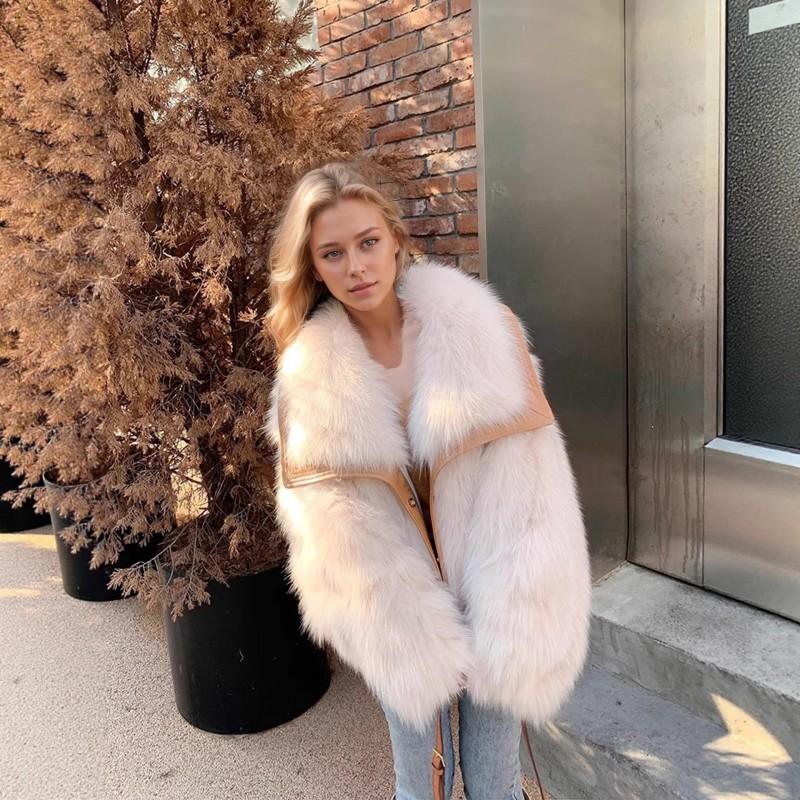 Womens Faux Fox Fur Collar Coat Winter Warm Puffer Style Outerwear Long Sleeve Turn-Down Sweet Chic