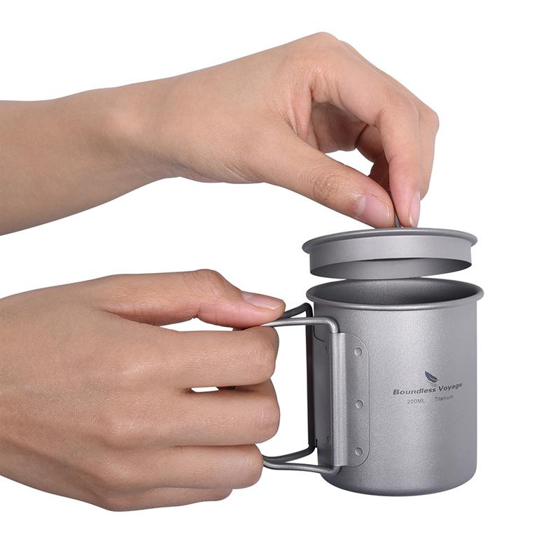 Boundless Voyage Titanium Tea Cup Milk Cola Beer Mug 200ml Tourist Coffee Cup with Lid Ultralight Drinkware with Folding Handle 200ml