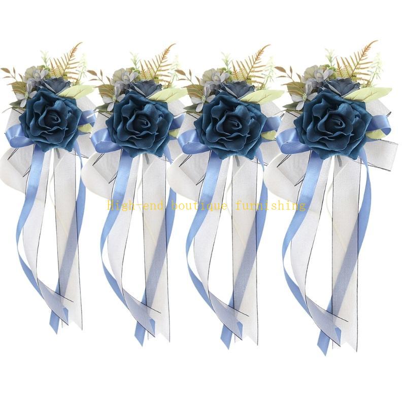 Set mit 4 eleganten Blumen-Schleifen-Anhängern für Hochzeitsauto-Gläser und Türgriffe