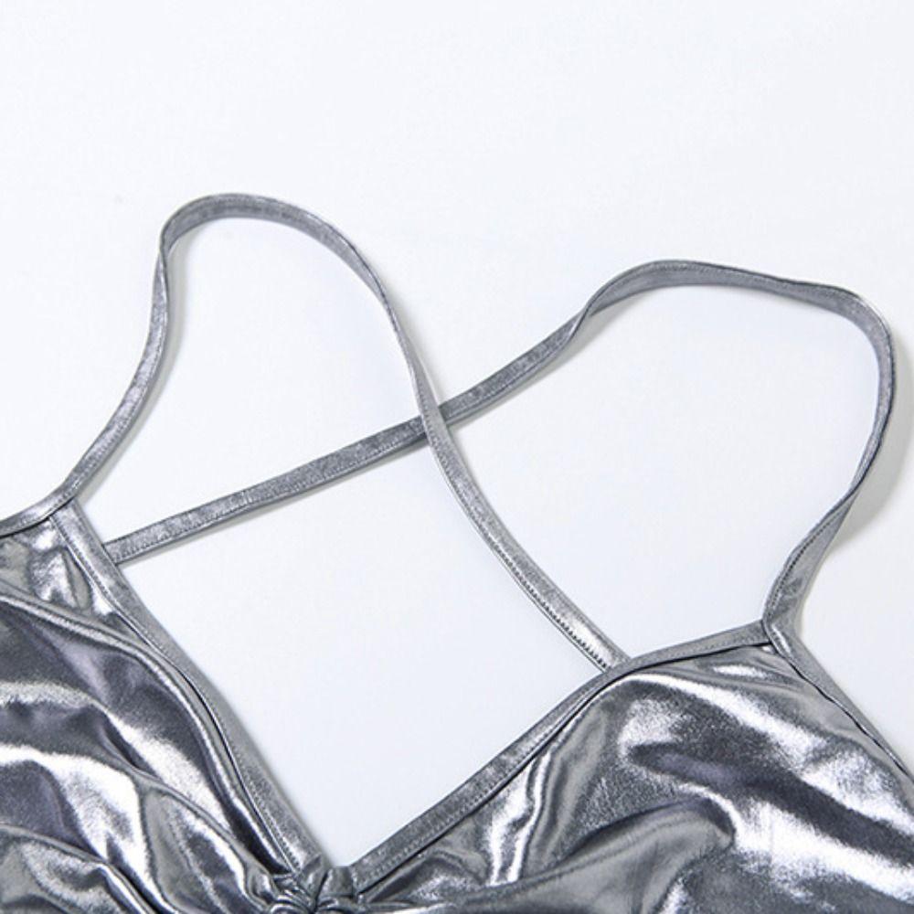Glossy Punk Butterfly Vest Sleeveless Neck Halter Top Personality Y2K Slim Crop Tops  Female Girl
