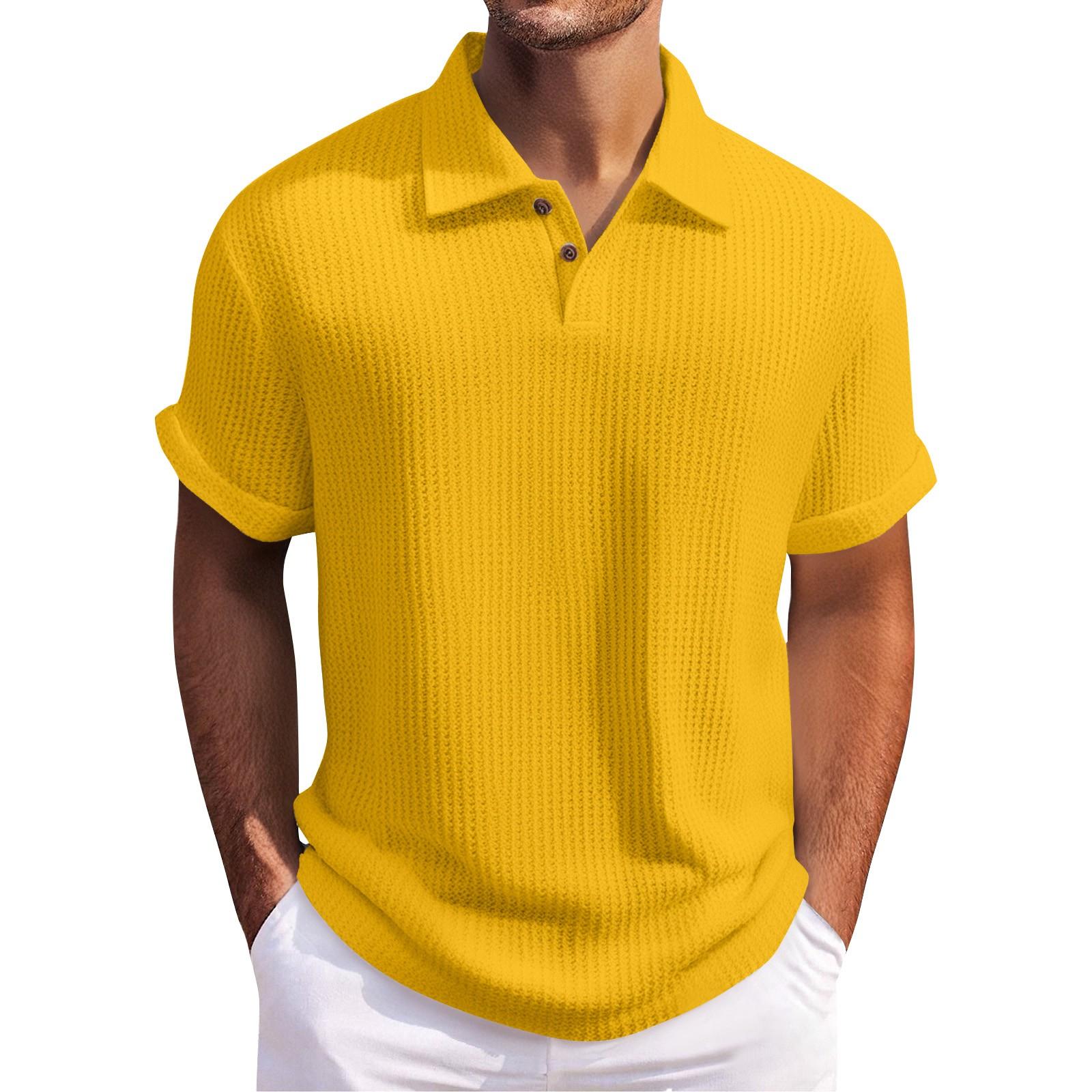 

Мужской летний однотонный топ с ромбовидной вязкой, пуговичным воротником и свободными короткими рукавами XL жёлтый