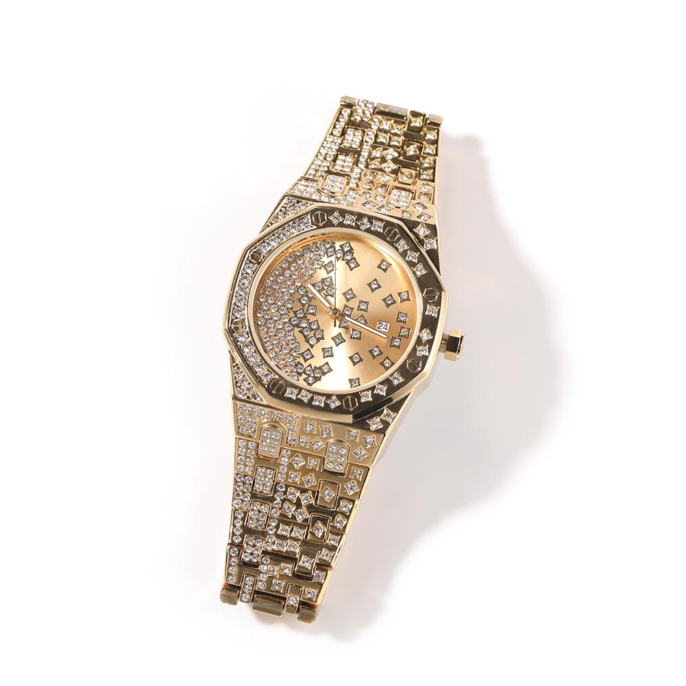

THE BLING KING Men s Big Dail Quartz Watch Iced Out Bling Diamond Top Dual Clock Luxury Waterproof Wrist Watch золотой