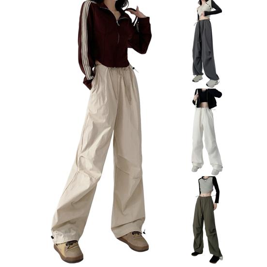 Women Cargo Pants Elastic High Waist Adjustable Drawstring Long Trousers Solid