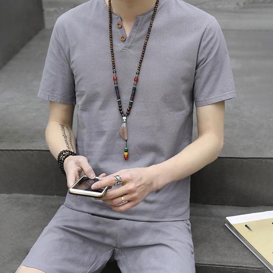 2Pcs/Set Men's Casual Cotton Linen Summer Suit Short Sleeve Button-Down Stylish Men's Suit Streetwear