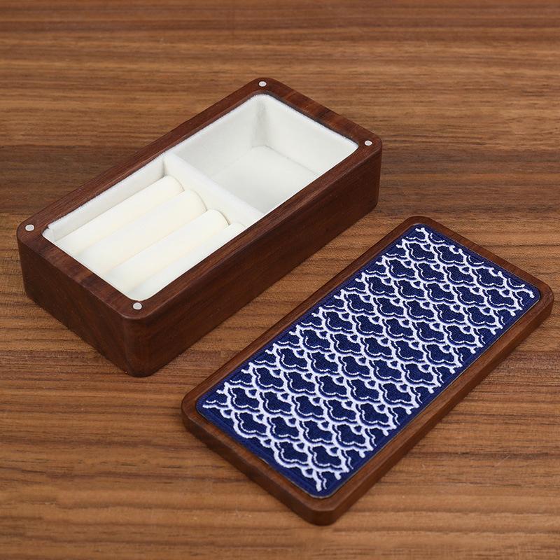 HeMu Magnetic Closure Embroidered Wooden Jewelry Box, Portable Mini Organizer for Rings, Earrings, Necklaces and Bracelets