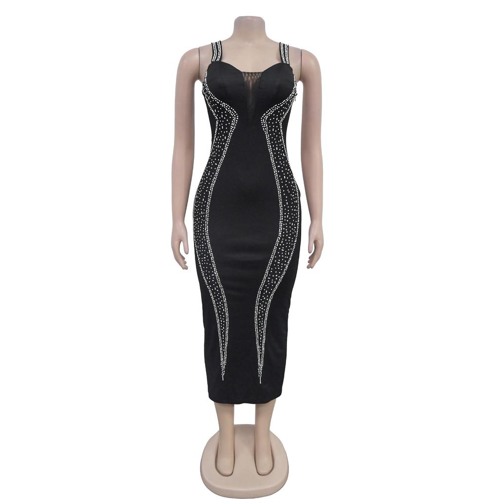 European & American Fashion Rhinestone Strappy Midi Dress - Women's Hot-fix Style New Arrival