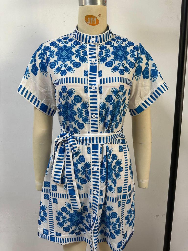 Summer Cross-Border Women's Casual Print Tie-Up Dress