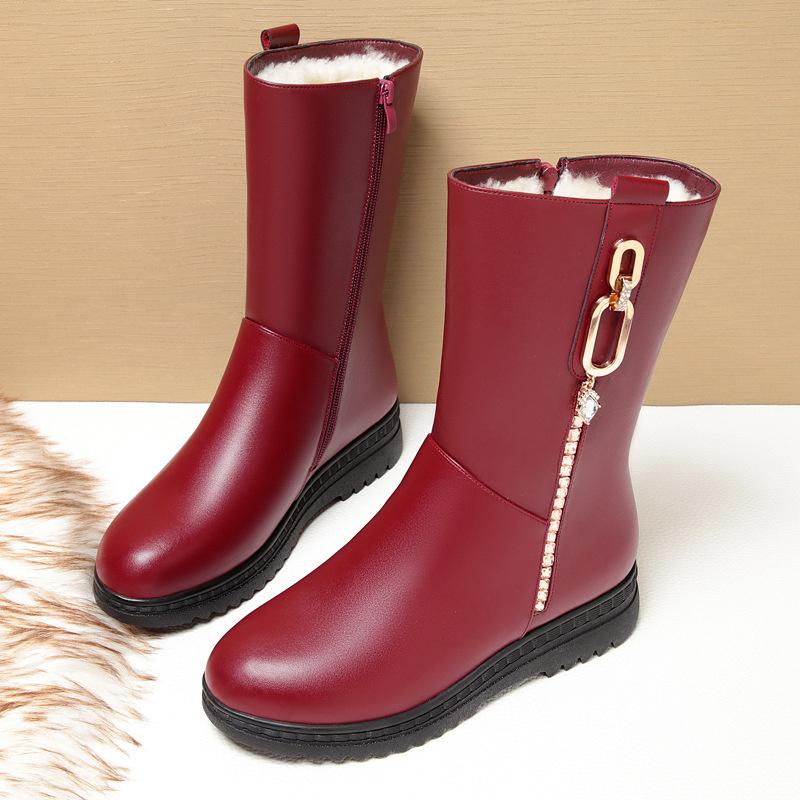 Winter Women Comfort Soft Leather Boots Flat Solid Middle Boots Warm Snow Boots Fashion Non-slip Warm Thick-soled Boots