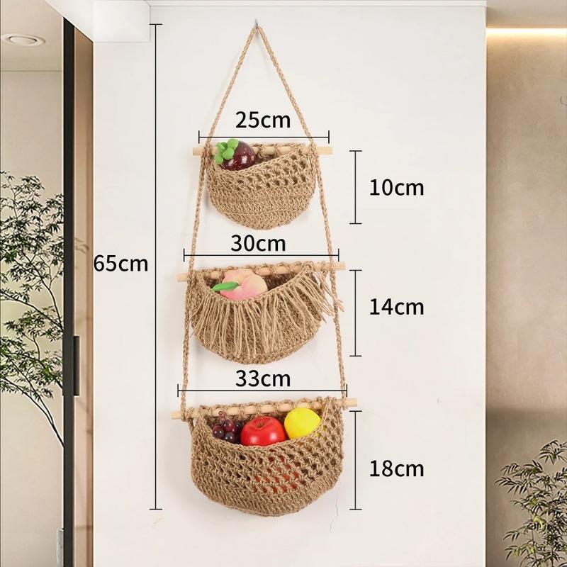 3 Pack 3 Tier INS Macrame Hanging Baskets Handmade Woven Wall Bag Kitchen Wall Mount Fruit Storage Household Food Organizer Rack