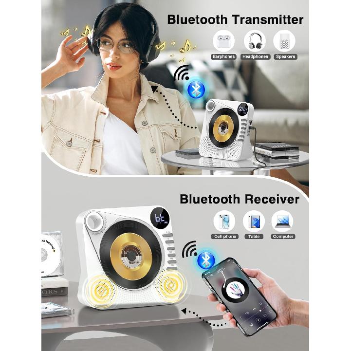 Desktop CD Player Bluetooth with HiFi Dual Speaker, CD Player with Remote Control,Dust Cover,LCD Display,Sleep Timer,USB/AUX/3.5mm Earphone Jack