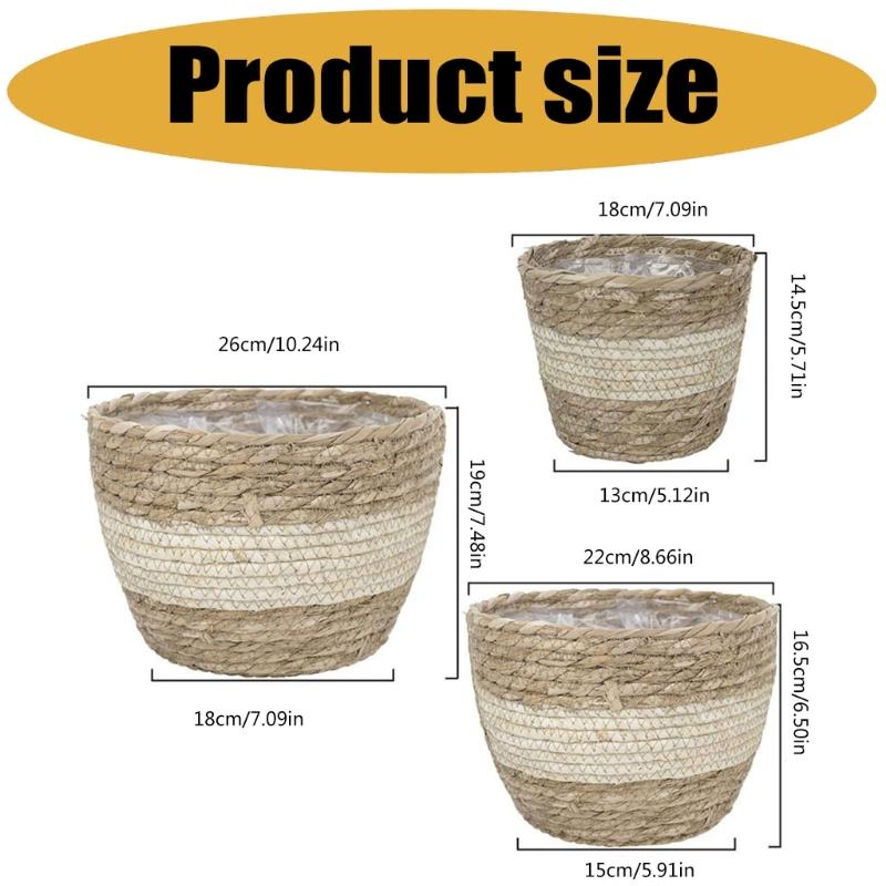 Decorative Flower Pot Cover Set, Three Natural Fiber Baskets In Graduated Sizes with Neutral Color Blocking for Windowsills, Studies, and Entryways