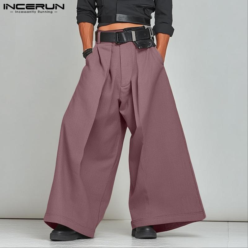 INCERUN Men Zip-up High Waist Pleating Casual Long Wide Legs Pants Trousers