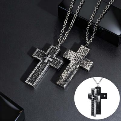 Vintage Secret Compartment Openable Cross Pendant Necklace, Gothic Punk Hip Hop Fashion Pendant Necklace for Men Metal Jewelry