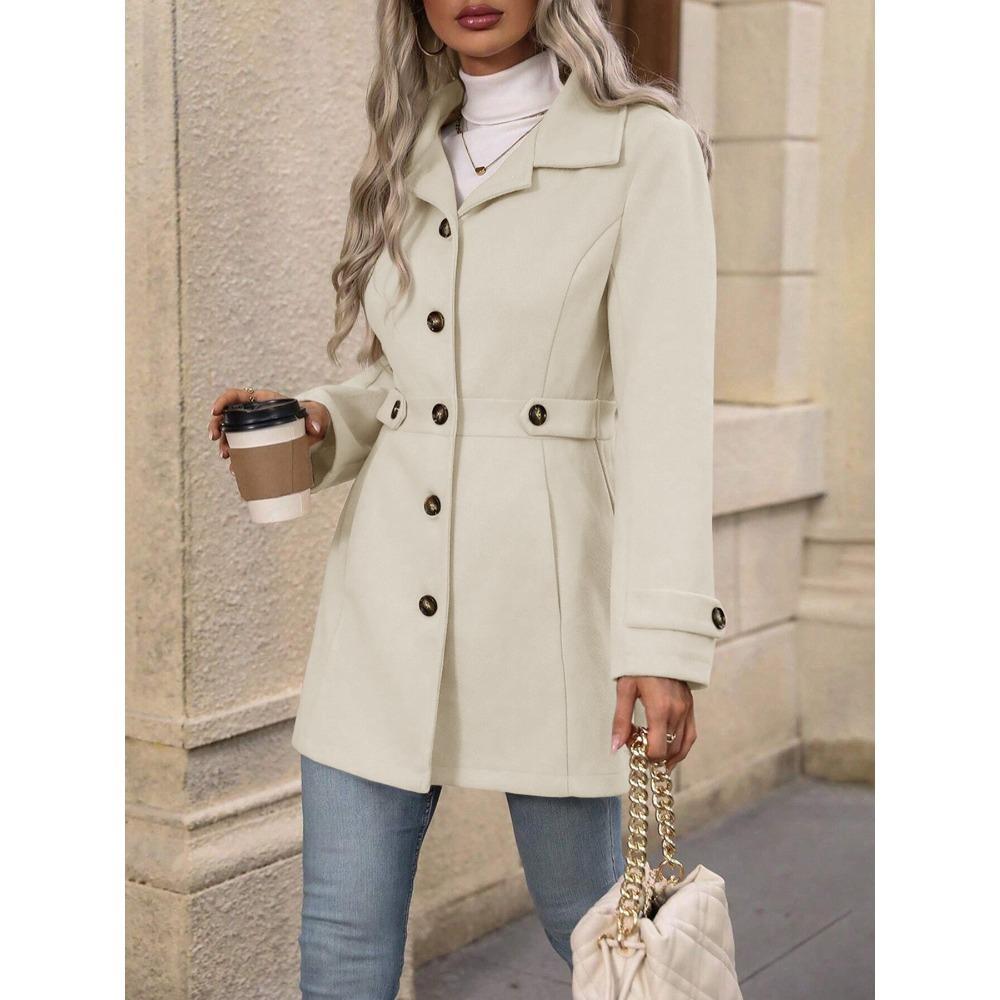 Abrigo de Lana Mixta Midi con Solapa de Solapa y Botonadura Única para Mujer Elegante Cinturón en la Cintura Longitud Media Ropa de Abrigo Otoño Invierno