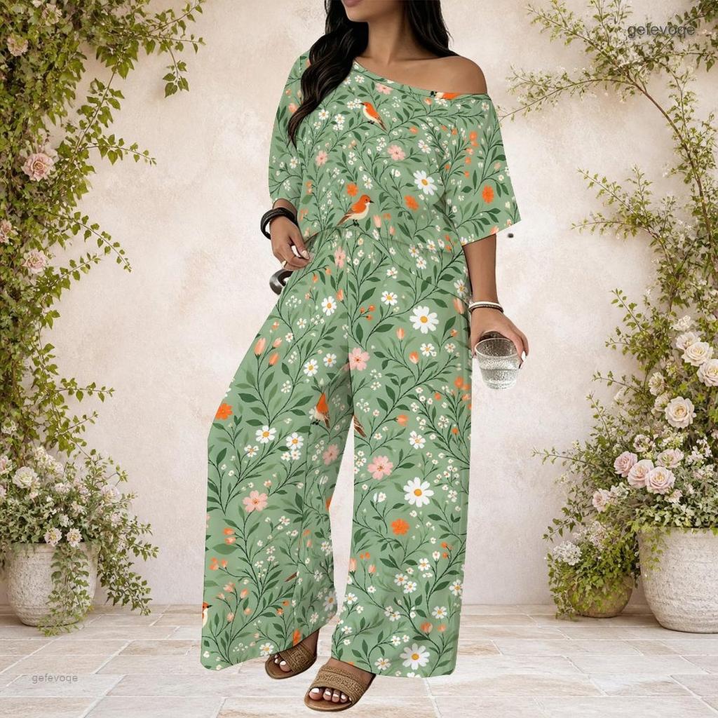 Women Plus Size Two Piece Suit Batwing Sleeve Top Loose Long Pants