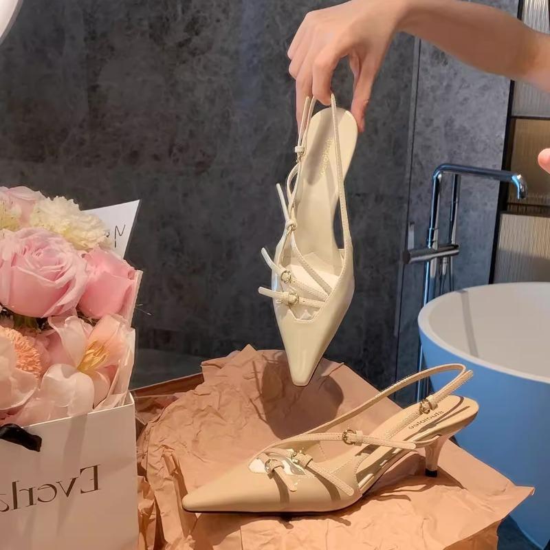 Sheepskin Version, Genuine Leather Bag Head Sandals, One-word Buckle with Pointed Head, Empty Single Shoes, Stiletto High Heels, Women's