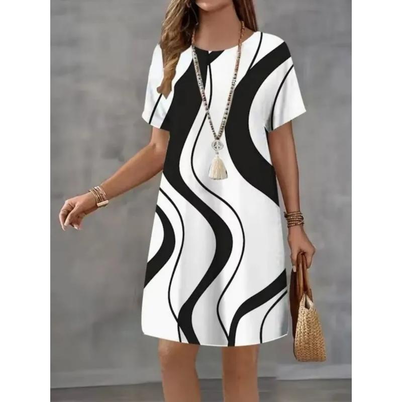 Fashion Women's Crew Neck Dress 3D Casual Color Printing Casual Dress Crew Neck Dress