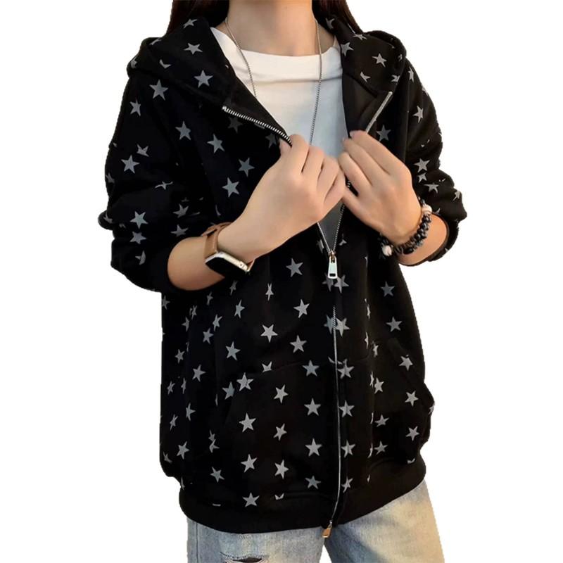 Unisex Oversized Hooded Zip-Up Sweatshirt With Star Print Premium Heavyweight Cotton Blend Casual Fall Streetwear