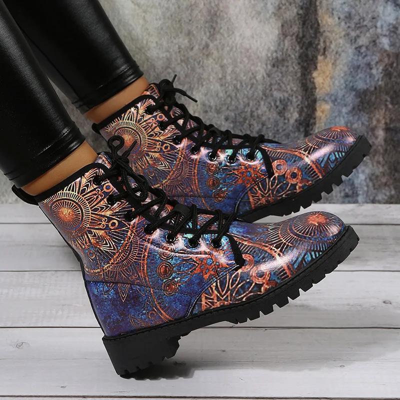 Boots Women's Autumn and Winter  British Fashion Women's Tooling Boots Skull and Flower Print High-top Boots Ladies