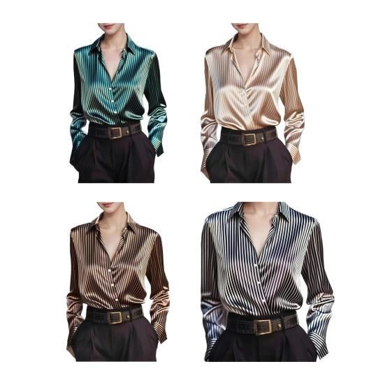 Cămașă Dama Guler Rever Mânecă Lungă Nasturi Fentă Cămăși Topuri Textură Netedă Imprimeu Dungat Croială Largă Casual Cămașă de Lucru