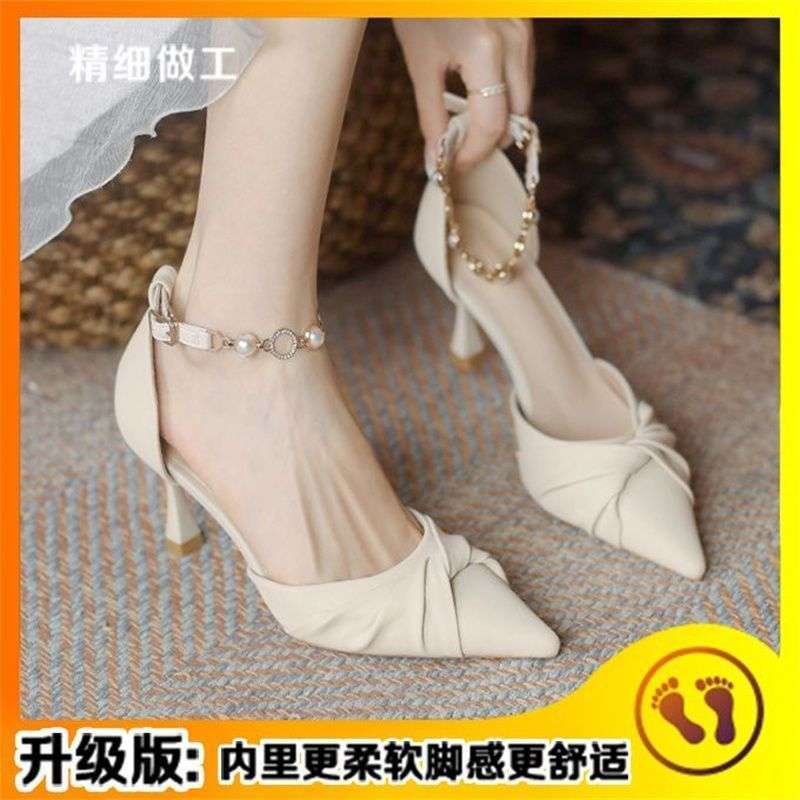 

French high heels female sexy dress 2025 spring and summer new fairy style gentle temperament light mouth stiletto sandals Two pairs of half-size pads