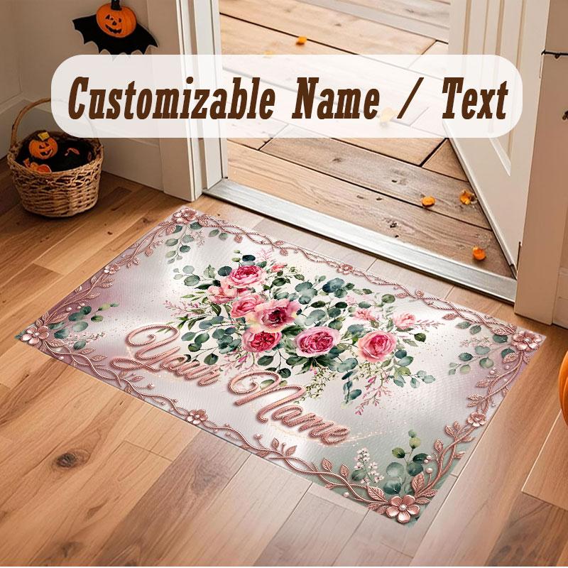 Floral Garden Theme Crystal Velvet Floor Rug Personalized Custom Name Text Warm Carpet Home Decoration