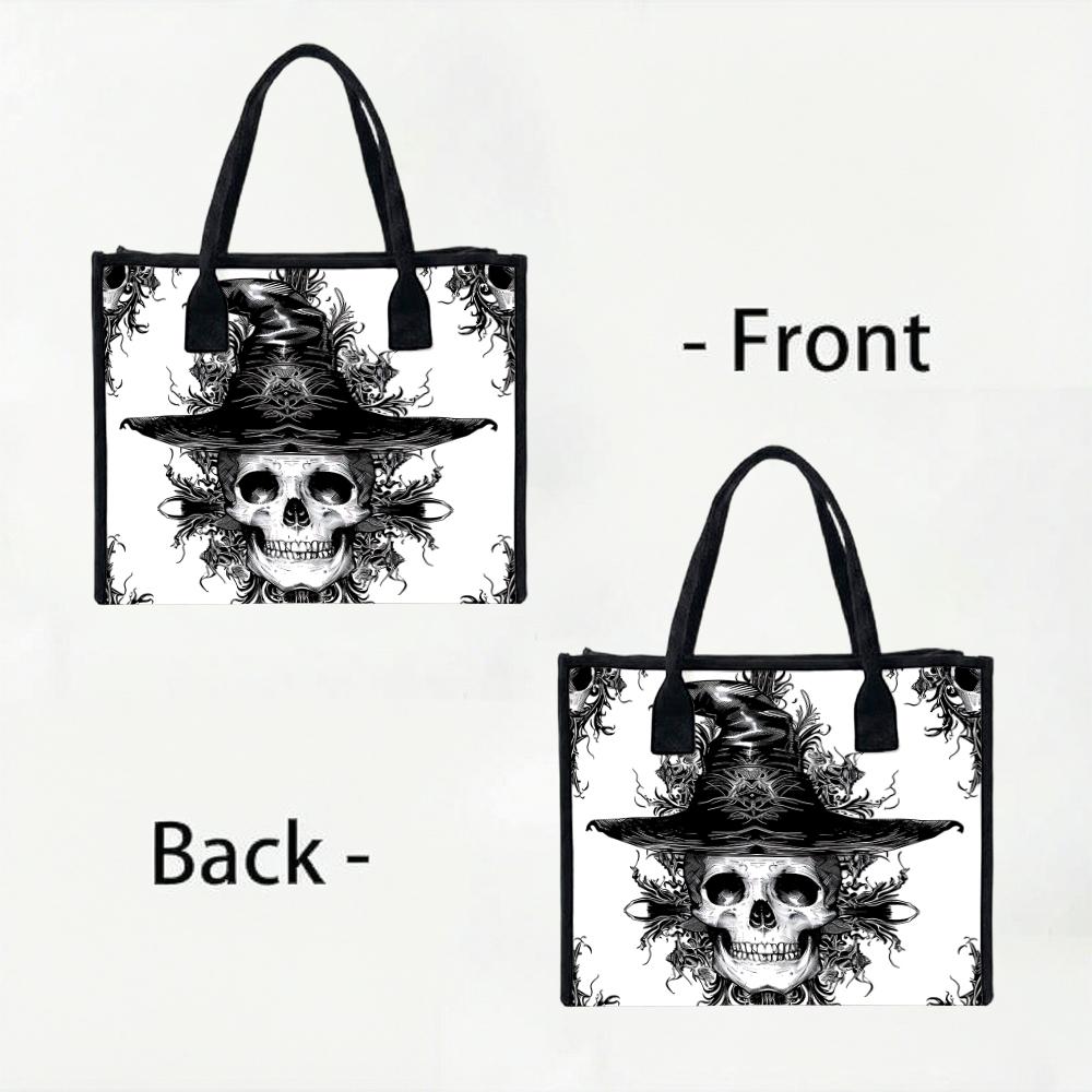 Gothic Witch Skull Pattern Tote Bag Halloween Style Portable Shoulder Handbag for Daily Use