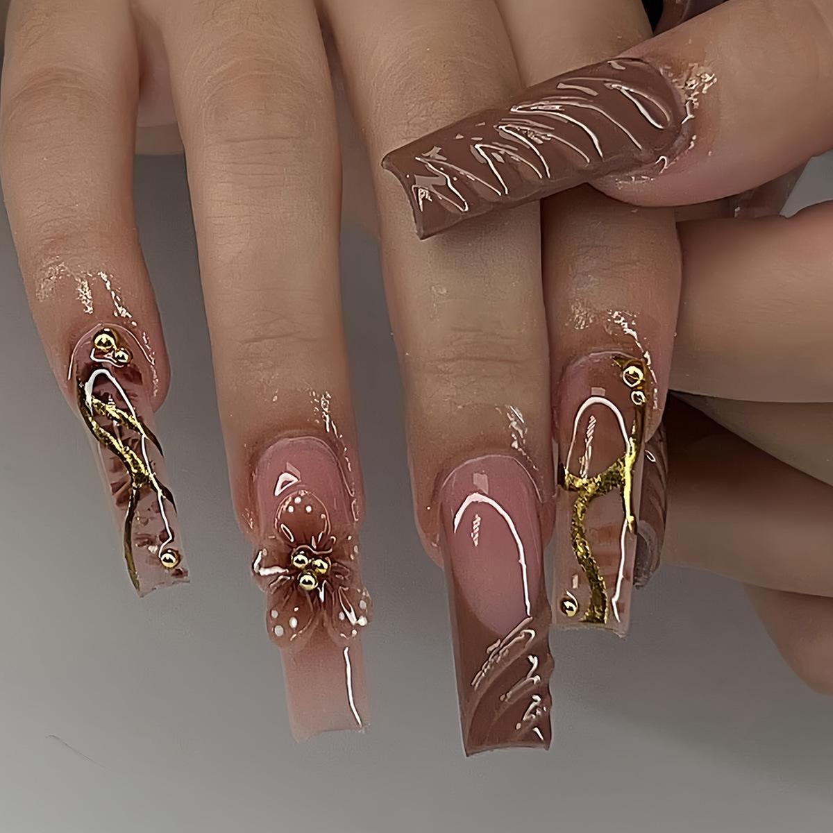Square Fake Nail Long Three-dimensional Water Ripple Gold Striped Flower Nail Piece Finished Product