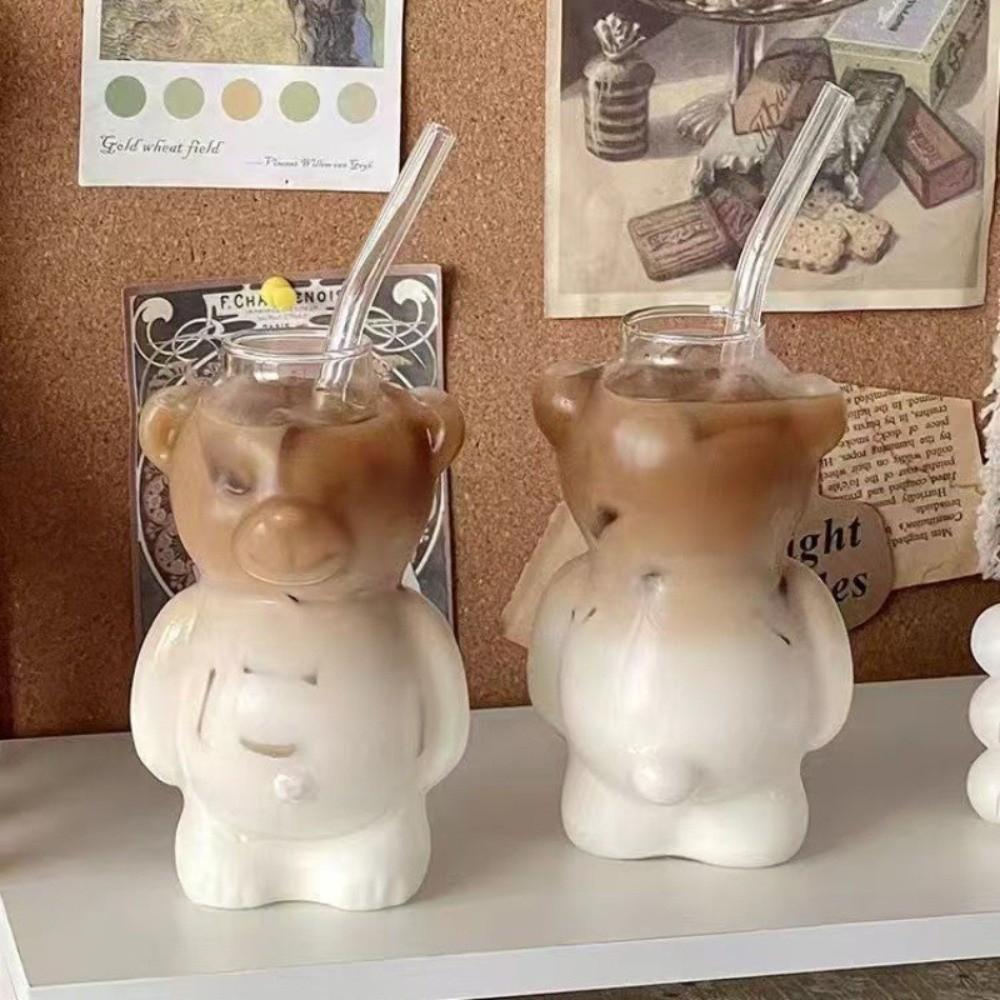 320ML Bear Coffee Mug Large Capacity Milk Tea Straw Cup Multi-purpose Clear Bear Glassware  Water