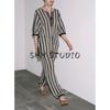 Autumn New Women clothes French style Design High Waist Stripe Linen Blend Trousers Casual Pants 5536007
