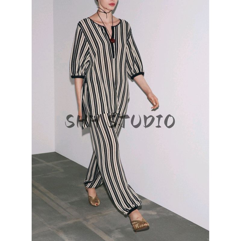 Autumn New Women clothes French style Design High Waist Stripe Linen Blend Trousers Casual Pants 5536007