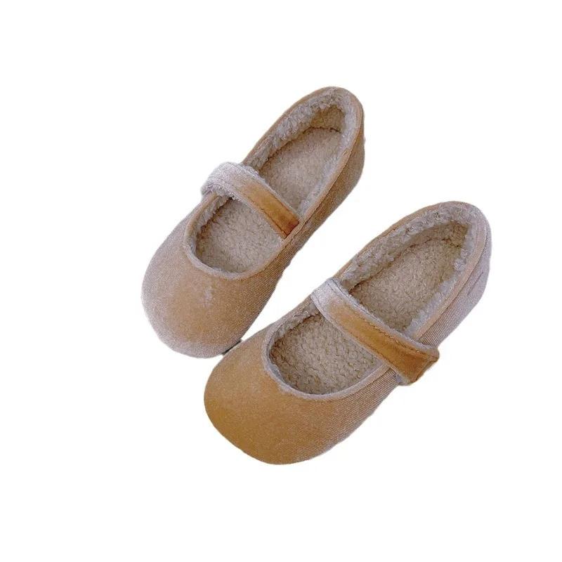 2024 Autumn/Winter Sweet Girls Soft Soled Foreign style Princess Shoes Vintage velvet little girls with velvet single shoes