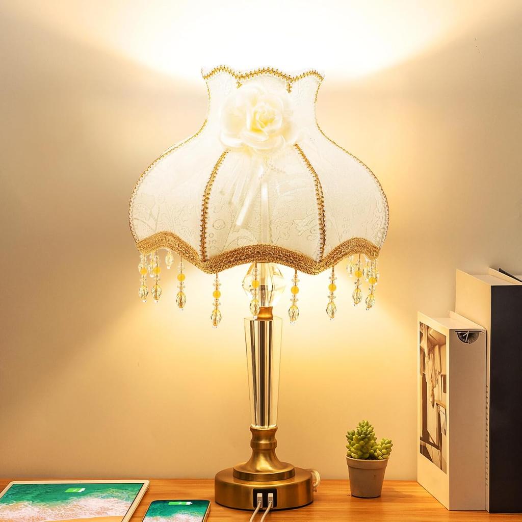 Luxshiny Vintage Lamp Shade, Victorian Lampshade with Beads Fringe Scallop Dome Lamp Cover European Cloth Lamp Covers Replacement Clip-on Lamp Shade