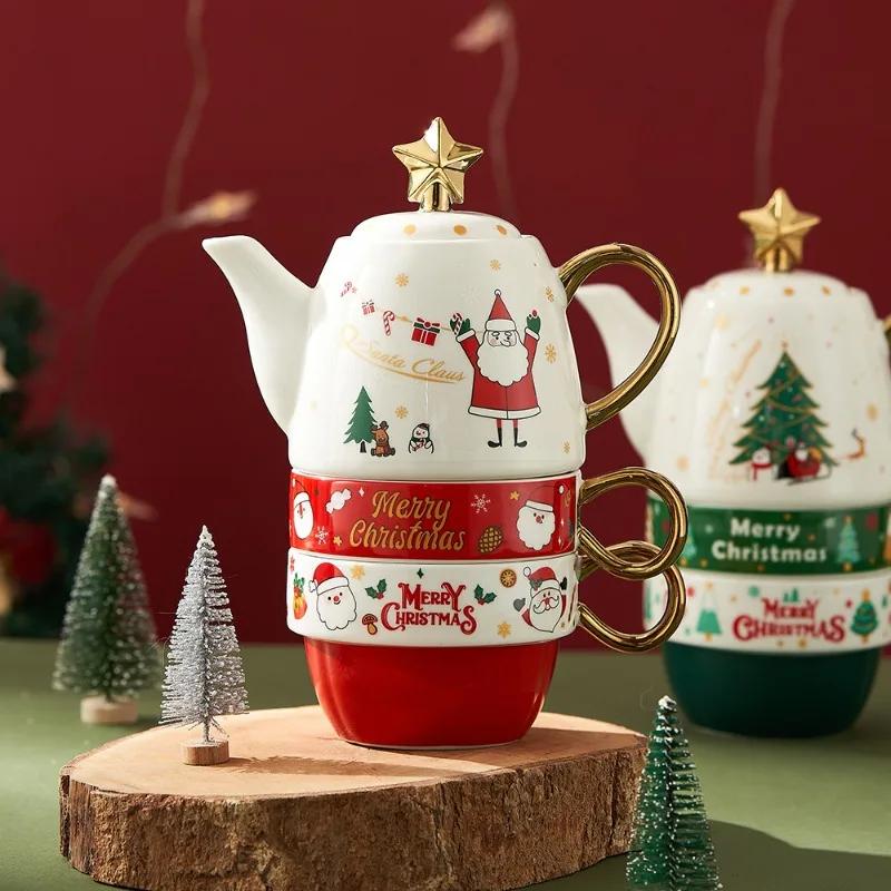 Gold handle Teaware Sets Santa Claus Elk Ceramic Teapot Teacups Set with Gift Box Christmas Coffee Cup Party Decor XMAS Gifts