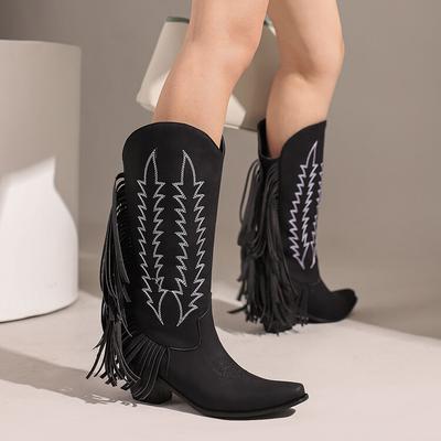 Autumn and Winter Retro Style Embroidered Fringed Boots Pointed Middle Heel  Tall Fashion Boots