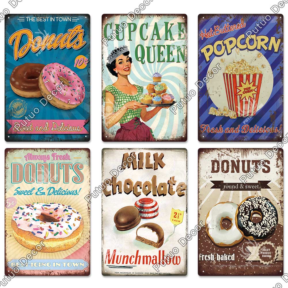 Putuo Decor Donuts Dessert Vintage Plaque Metal Plate Tin Sign Wall Art Decor Retro Poster for Kitchen Cafe Home Iron Painting