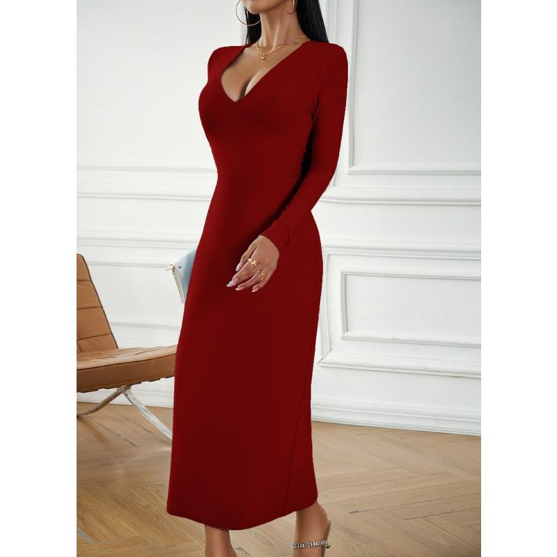 Women's Clothing Independent Station Sexy V-neck Hip-hugging Long-sleeved Dress