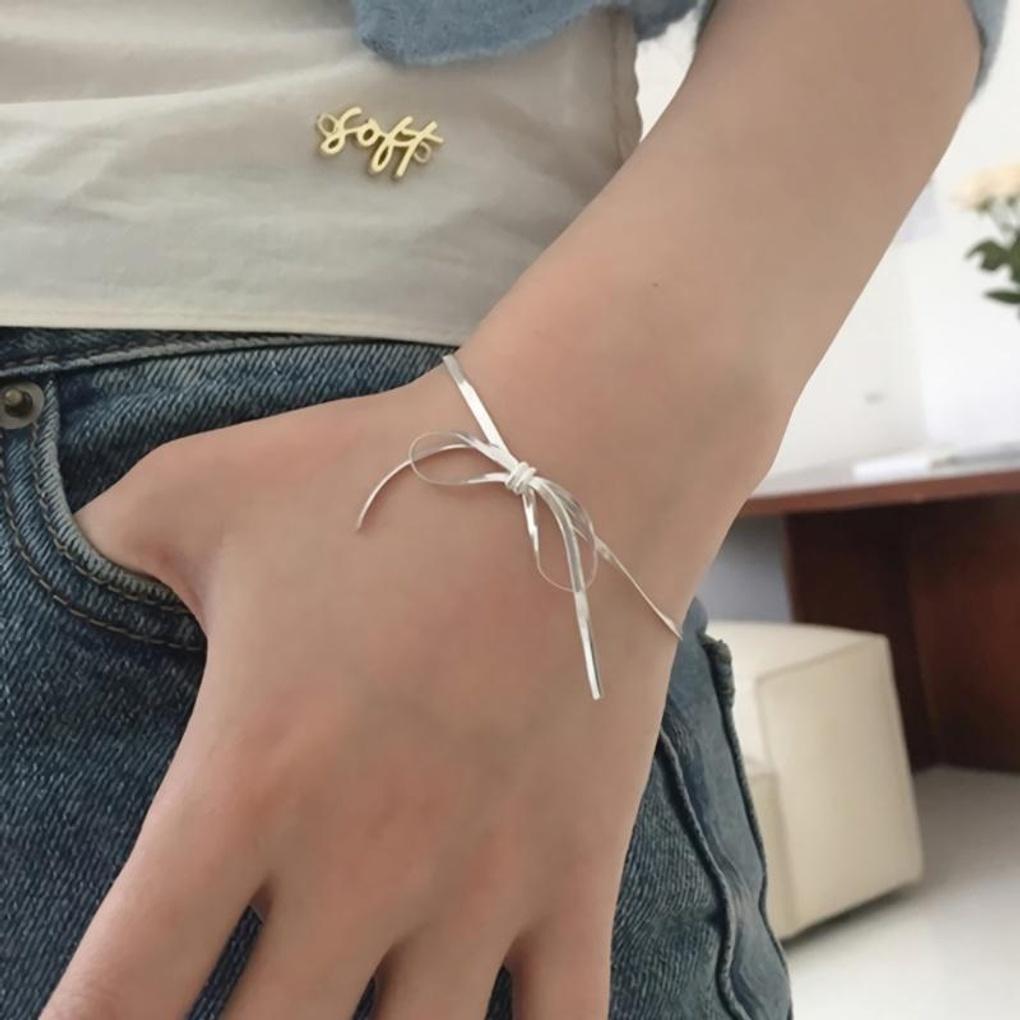 Women's Silver 925 Snake Chain Big Ribbon Bracelet