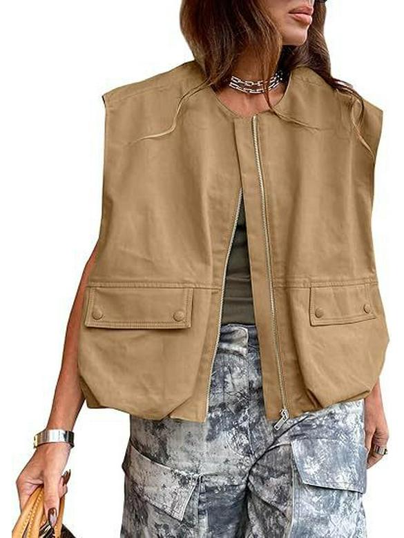 Vestă de damă fără mâneci, largă, cu buzunar și fermoar, 2024