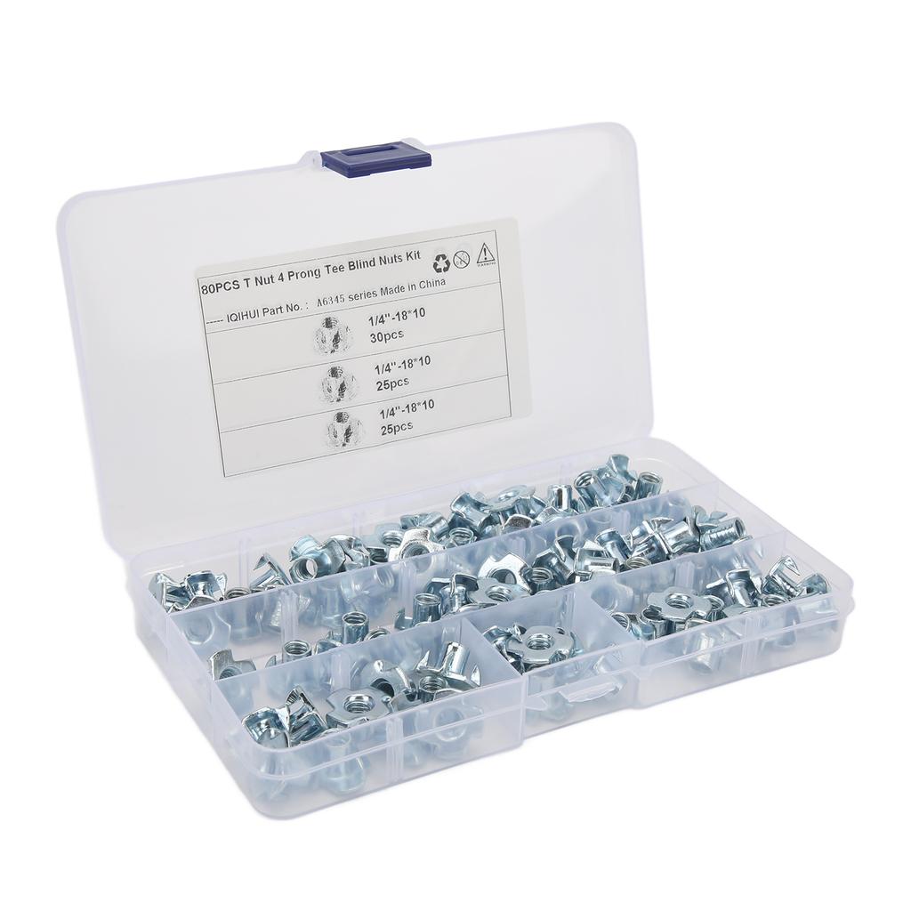 80 Pcs T Nut 4 Prong Tee Blind Nuts Kit 1/4 Inch Carbon Steel T Nut Assortment Kit for RV Electronic