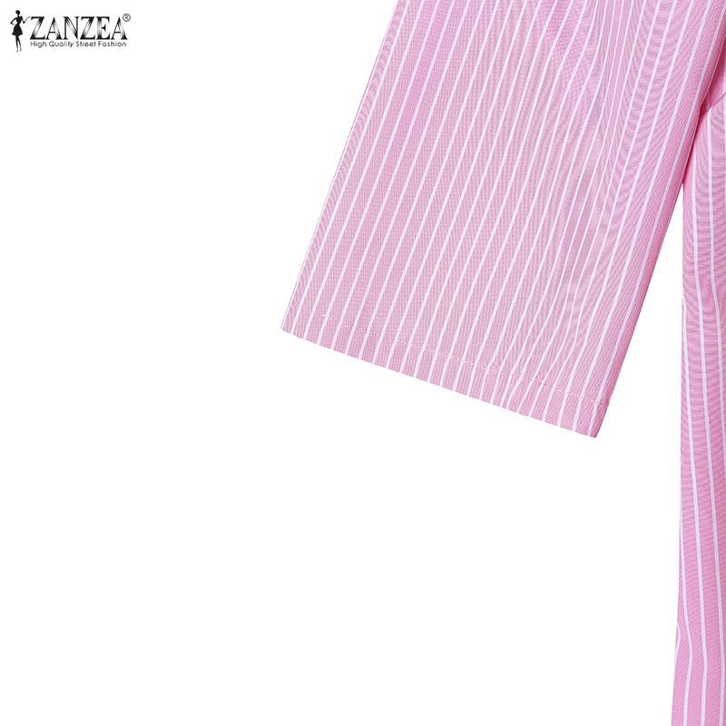ZANZEA Women Casual V-Neck 3/4 Sleeve Loose Stripe Blouse