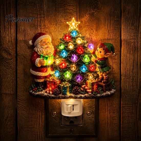 Resin Christmas Tree Light Santa Elf Decorative Plug-in Night Light, Wall Indoor Holiday Lighting Nightlight, Vintage Xmas Ornament for Bedroom