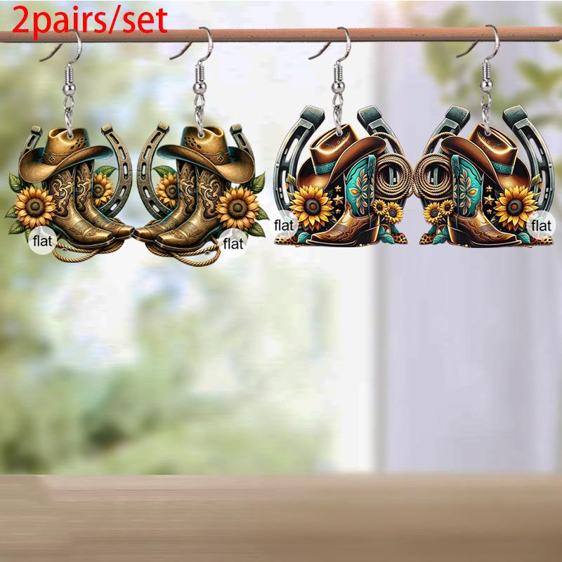 Western Style Horseshoe Cowboy Hat Boots Sunflower Acrylic Earrings for Women Trendy Fashion Dangle Earrings