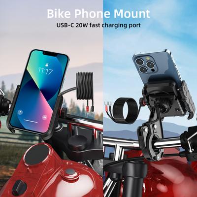 Aluminum Motorcycle USB Phone Mount Charger Handlebar Rearview Cellphone Holder Charger for 12V/24V Vehicles