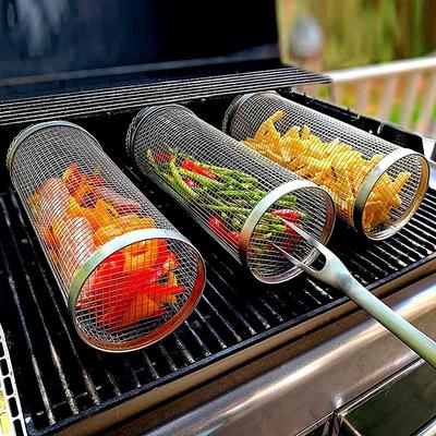 Round BBQ Basket Stainless Steel Rolling Grilling Basket Wire Mesh Cylinder Grill Basket Portable Outdoor Camping Barbecue Rack