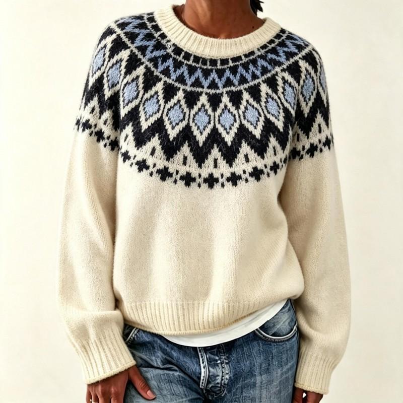 Womens Loose Fit Round Neck Fair Isle Knit Sweater Colorblock Pullover Fall Winter