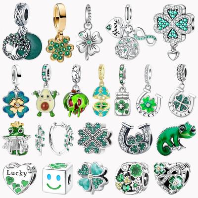 925 Silver Four Leaf Clover Charm Pendant with Flower Bead for Bracelet Necklace Jewelry Family Tree Design