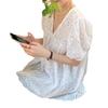 2025 Summer Women's White Puff-Sleeve Lace Blouse – Versatile Short-Sleeve Hollow-Out Design