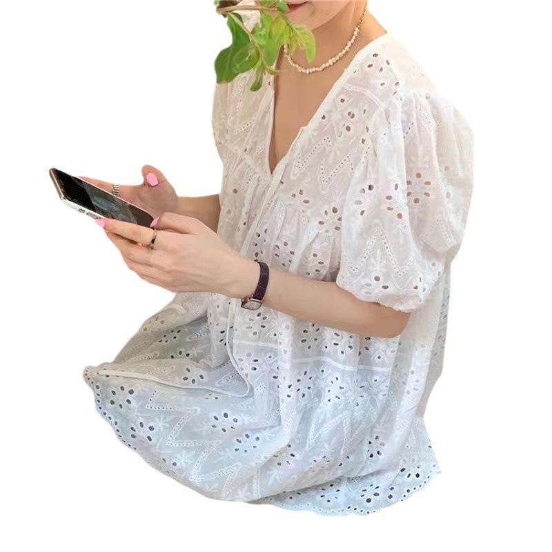 2025 Summer Women's White Puff-Sleeve Lace Blouse – Versatile Short-Sleeve Hollow-Out Design